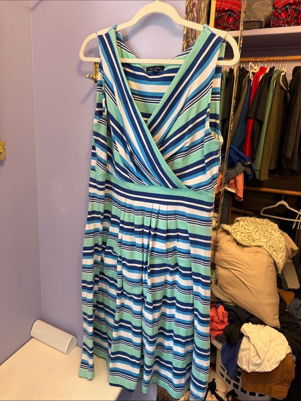 Lands' End Striped Sleeveless Wrap-Front Dress in Blue, Teal & White